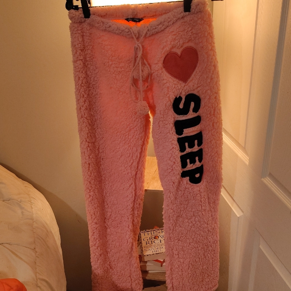 Pink Fleece Sleep Pants with Heart Patch